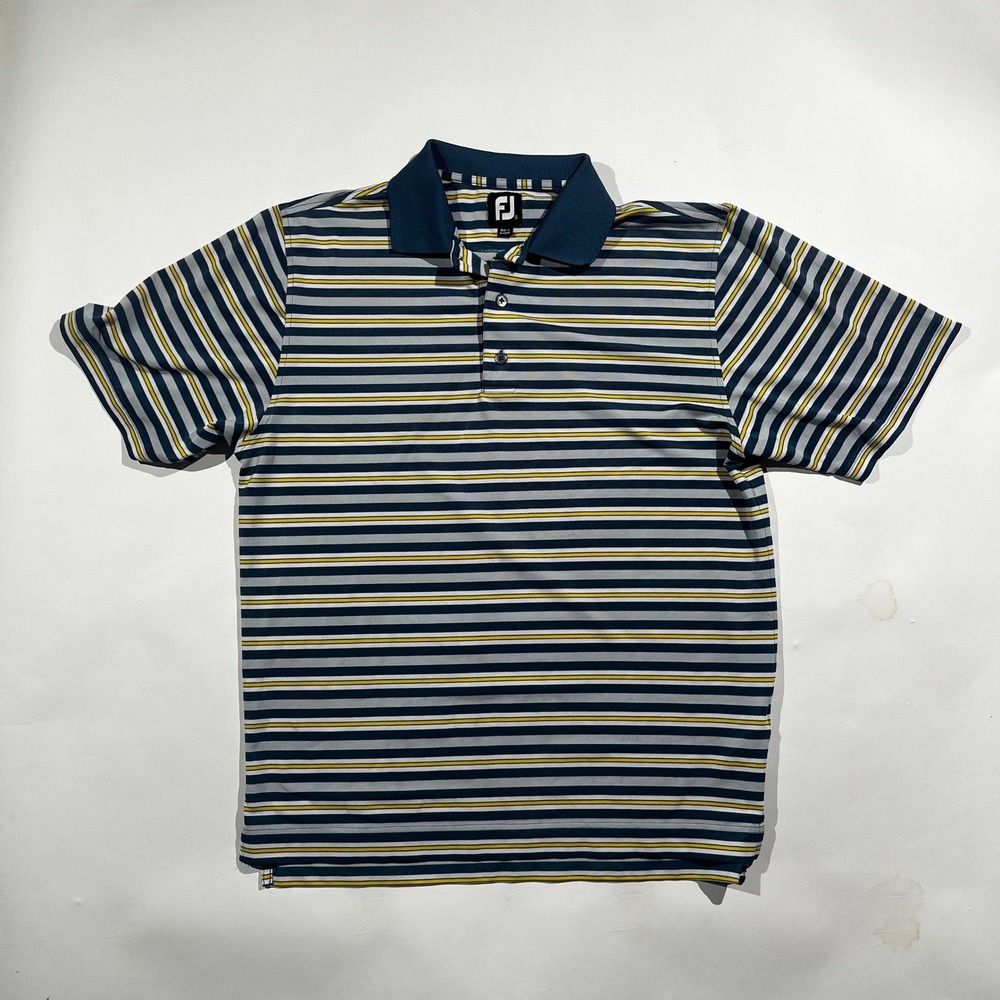 FootJoy Mens ProDry Striped Golf Polo Shirt Navy Blue Grey Yellow Medium